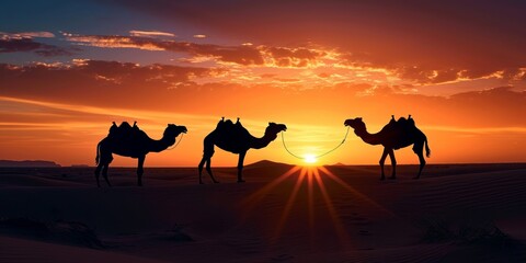 Animal photography - Black silhouette of camels in the desert landscape during sunset or sunrise, Generative AI