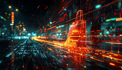 Poster - Digital landscape with data stream to virtual shopping