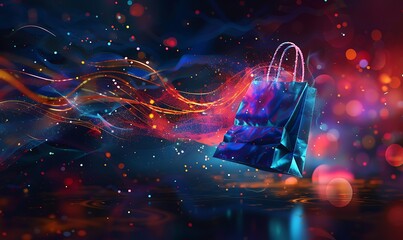 Wall Mural - Virtual shopping bag in a digital universe, sparkling vividly