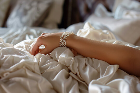 A woman's wrist adorned with an intricate bracelet, in a luxurious bedroom with soft linens.