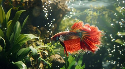Betta fish in a tank, depicted with intricate details on its striking coloration and elegant fins
