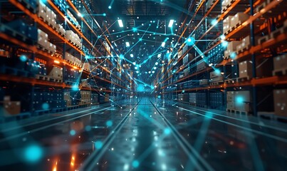 Leinwandbilder - Hologram of supply network in a bustling warehouse