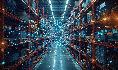 Leinwandbilder - Hologram of supply network in a bustling warehouse