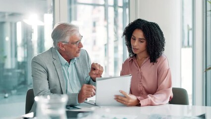 Poster - Accounting, meeting or business people with mentor or paperwork for economy, teamwork or research. Talking, manager or financial advisors in conversation, discussion or collaboration for documents