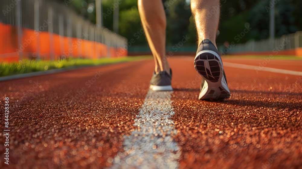 Athlete with one foot off the ground, in deep concentration, at a track ...