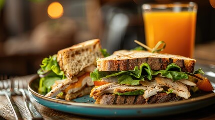 Wall Mural - A plate holds a sandwich containing lettuce and chicken along with a glass of orange juice The sandwich is sliced in half and placed on a blue plate