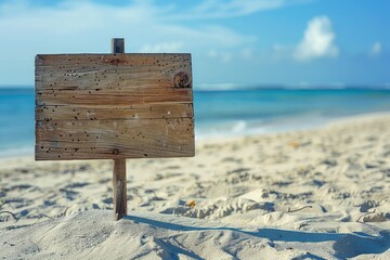 Blank wooden sign on the beach with ocean in the background