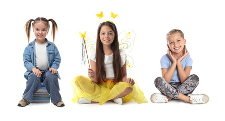 Wall Mural - Group of different adorable children on white background