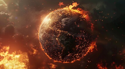 Earth globe engulfed in flames, America consumed by fire. Conceptual illustration of global warming, rising temperatures, extreme heat, and climate change disaster.