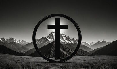 a family sheild with a cross and mountains, black and white graphic