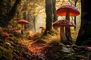 Poster - Magical sunrise illuminates a fairy-tale forest path lined with vibrant red mushrooms