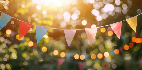 Colorful bunting and flags hanging in the street for outdoor party decoration background, summer festival concept. Blurred background with bokeh effect. Vintage color tone. Close up shot. Backlit.