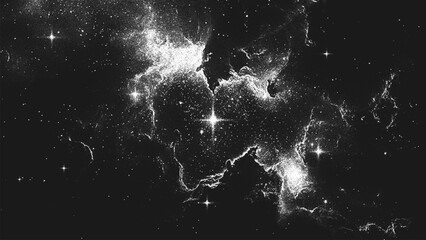 Wall Mural - Deep space scene background in stippling style with amazing huge nebula and glowing stars cluster in universe. Retro styled dotwork. Pointillism. Noisy grainy shading using dots. Vector illustration