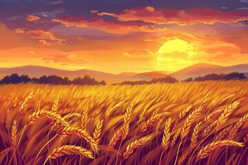 Wall Mural - golden wheat field at sunset agriculture and nature themed landscape illustration