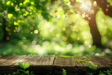 Wall Mural - green tree garden with wood table spring and summer bokeh light background food display setting photograph