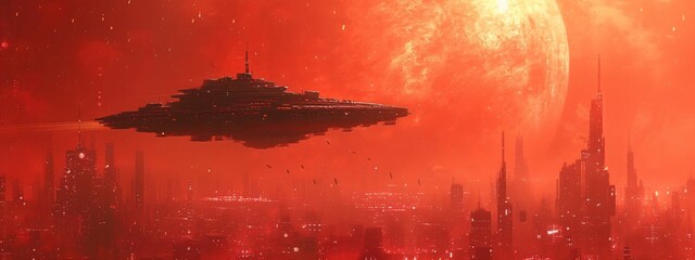 Futuristic post apocalyptic urban city ruins under red sky. Destroyed buildings after nuclear war with fire and smoke. Alien landscape. Dystopia