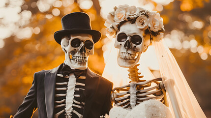 Wall Mural - Creepy skeleton bride and groom stand at altar, ready for wedding ceremony photo shoot.