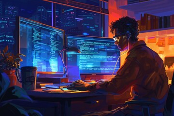 Fototapete - attractive professional software developer coding program or engineering prompt. skilled programmer 