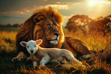 Wall Mural - jesus christ lamb of sacrifice lion of triumph the duality of jesus lion and lamb in the meadow at sunset animal portrait