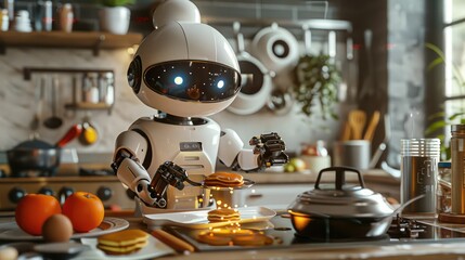 A cute robot cooking breakfast in a modern kitchen, featuring pancakes and fresh fruits. The scene is bright and futuristic.