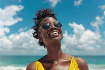 joyful black woman laughing in sunglasses on summer beach vacation enjoying freedom and lifestyle