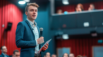 Poster - a young male entrepreneur giving presentation to investors, fund raising for startup 
