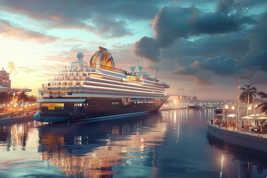 luxurious cruise ship docked at vibrant port tourists planning dream vacation summer holiday concept