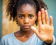 © Fernando Sanso - portrait of a person, Young African American woman making hand stop denial gesture, saying no violence, abuse, abortion, showing palm, expressing prohibition, refusal, fighting against discrimination,
