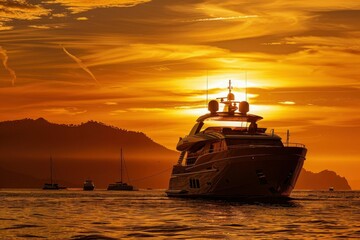 Canvas Print - luxurious yacht silhouetted against mesmerizing bronze sunset epitomizing opulent lifestyle