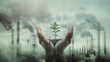 © Eugene - Hands holding a sapling: An image of hands holding a sapling against the background of polluted air or an industrial landscape.