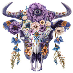 Wall Mural - Bull skull adorned with beautiful purple and electric blue flowers