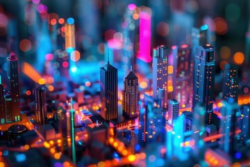 Wall Mural - miniature cityscape with colorful data grids futuristic technology concept aigenerated artwork