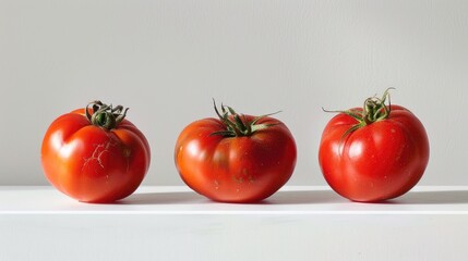 Wall Mural - Three Tomatoes Lycopersicum esculentum Mill Displayed on a White Surface