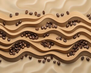 Coffee beans arranged in a wave pattern on a sand-colored background, mimicking desert dunes