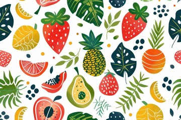 playful summer pattern with colorful fruits and plants on white background vector illustration