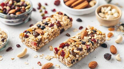 Canvas Print - Organic granola cereal bar with nuts and dried fruit made at home displayed on a white surface