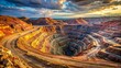 © Wanlop - Rugged landscape surrounds a massive open pit gold and copper mine, excavated to reveal layered earth tones and rust-hued terrain in warm afternoon light.
