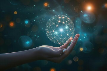 Wall Mural - spiritual concept illustration of human hand holding globe of data and connections