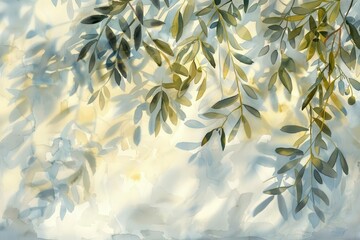 sunlit white wall with intricate shadows of olive tree leaves and branches mediterranean summer background watercolor illustration