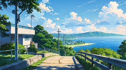 Anime vibe village landscape background. Very peaceful to. clouds are beautiful
