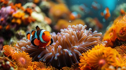 A close-up of a delicate sea anemone nestled among colorful corals, with a pair of clownfish playfully darting in and out of the tentacles. Dramatic Photo Style,