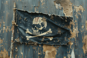 A tattered pirate flag with a skull and crossbones design, frayed edges, and torn sections, attached to a wooden pole, set against a rusty metal wall with peeling paint and visible signs of weathering