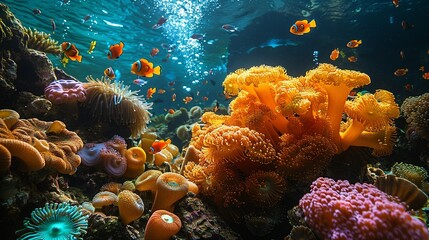 A dynamic underwater scene with a coral reef teeming with life, including a variety of sponges, anemones, and colorful reef fish swimming among the corals. Dramatic Photo Style,