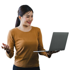 Young woman smiles and gestures with her hands while presenting on a laptop. Isolated on white background.