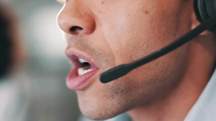 Canvas Print - Businessman, mouth and mic with headphones for customer service, support or online advice at office. Closeup of man, agent or consultant talking with microphone for telemarketing or help at workplace