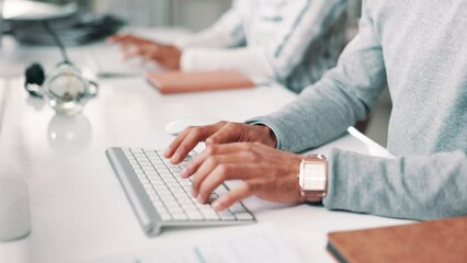 Poster - Typing, office and hands of business worker on computer for online project, proposal and research. Corporate, professional and person on keyboard for internet, website and planning at desk for career