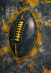 Artistic Image of a Football Against an New Orleans Graffiti Backdrop with Architectural Sketches in Bold Yellow and Deep Blue Contrast