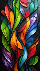 Wall Mural - Vibrant Abstract Art with Stained Glass Effect, Featuring Flowing Multicolor Patterns and Dynamic Leaf-Like Shapes on Dark Background