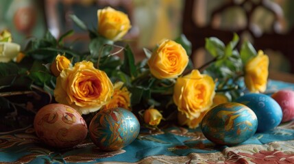 Sticker - Easter Celebration Colorful Easter Eggs and Yellow Roses on Table