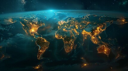 Wall Mural - A world map with highlighted regions where hydrogen fuel cell technology is being implemented for clean energy solutions.